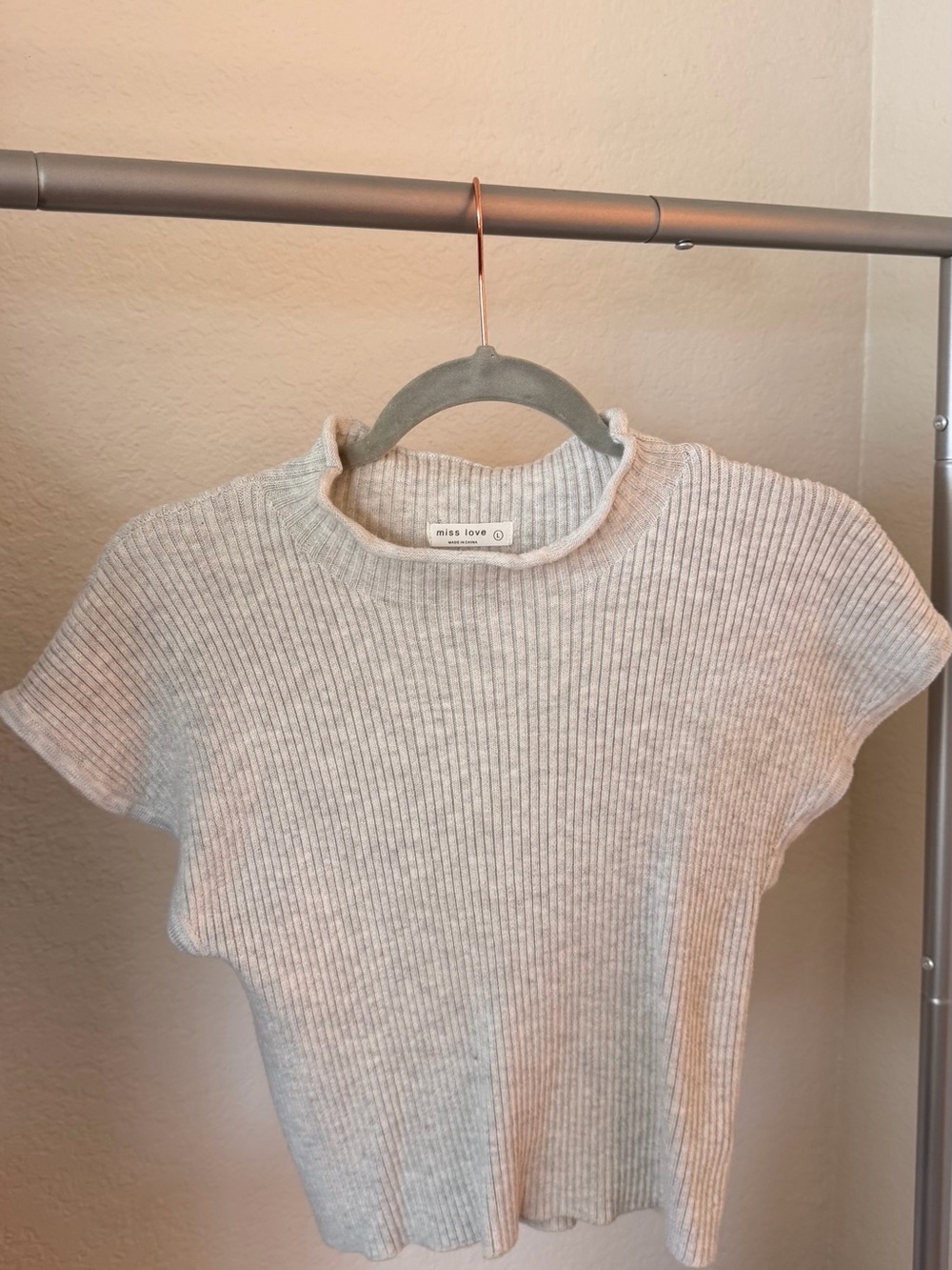 Miss Love Light Gray Ribbed Short Sleeve Mock Neck Top